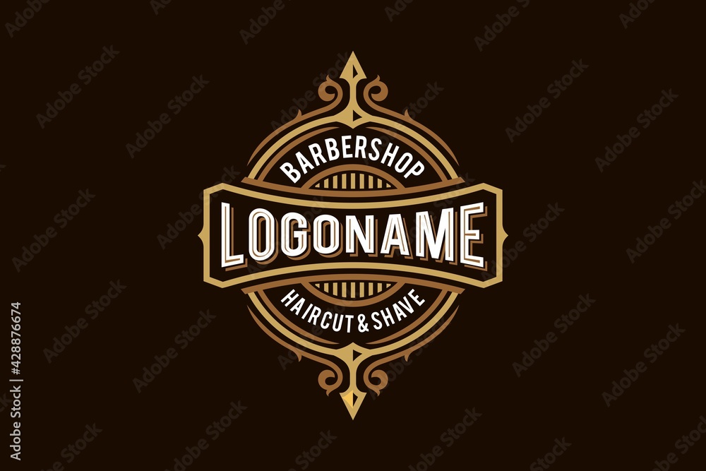 barbershop pole badge logo design icon, gold, white and brown ornamental hipster Vintage retro classic Victorian style barber salon logo vector