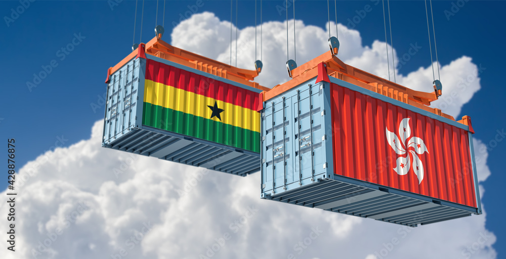Freight containers with Hong Kong and Ghana national flags. 3D Rendering 