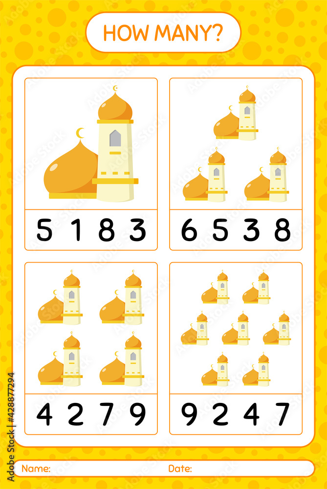 How many counting game with mosque. worksheet for preschool kids, kids activity sheet, printable worksheet