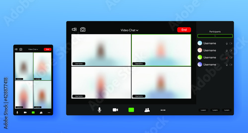 Video call app interface. Zoom Screen. Online conference application responsive screen. Distant voice chat. Remote team communication.  Web and mobile software. Vector illustration.