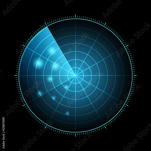 HUD radar with targets in action. Military search system, vector illustration