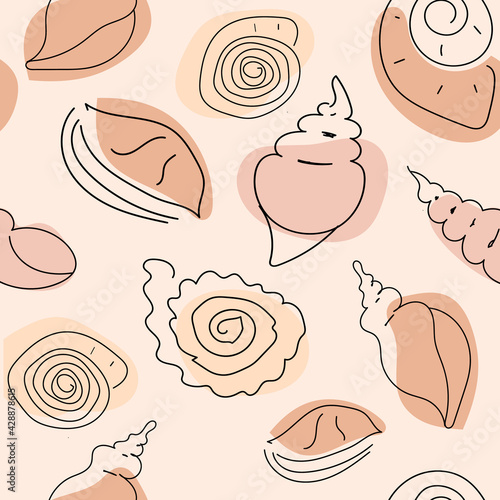 Seamless pattern with doodle shells. Vector illustration for prints, textures, fabric, sets of bed-linen, clothes, summer bags, etc