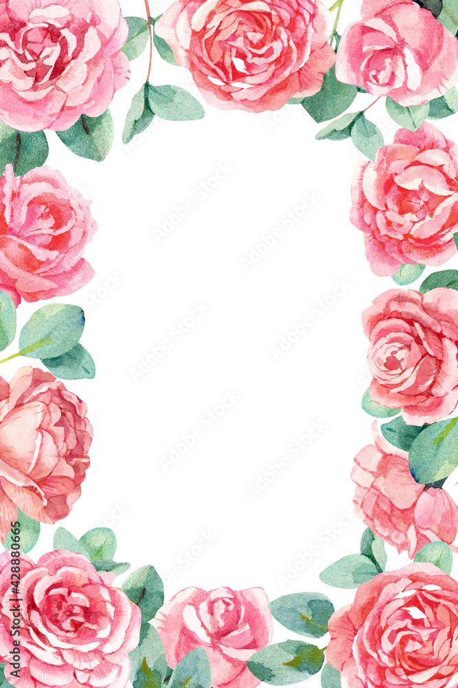 Blush pink roses border for wedding card, greeting, invitation, save the date card. Watercolor floral illustration on white background