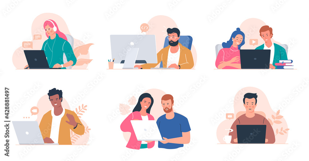 © alexandertrou - People working at the computer. Men and women with laptop - freelance, online training, email checking, webinar. Young people in the office. Remote work. Illustration collection isolated on white. © alexandertrou - People working at the computer. Men and women with laptop - freelance, online training, email checking, webinar. Young people in the office. Remote work. Illustration collection isolated on white.