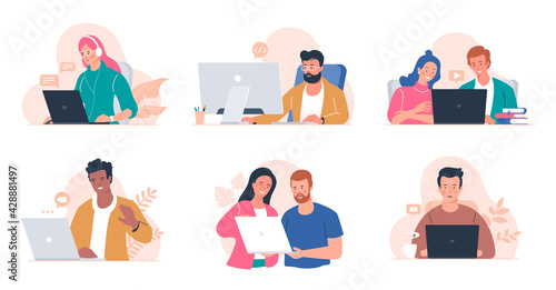 People working at the computer. Men and women with laptop - freelance, online training, email checking, webinar. Young people in the office. Remote work. Illustration collection isolated on white.