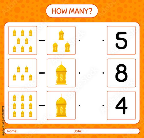How many counting game with arabic lantern. worksheet for preschool kids, kids activity sheet, printable worksheet