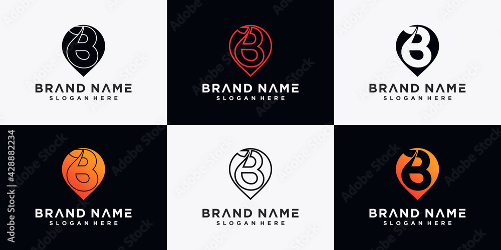 Set of pin location logo initial letter B with creative concept