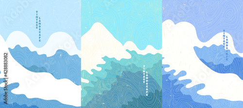 Vector illustration landscape. Wood surface texture.Arctic mountains. Japanese wave pattern. Cartoon background. Asian style. Design for poster, book cover, web template, brochure, layout, flyer
