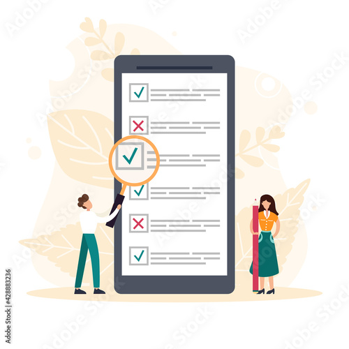People filling online survey form on mobile screen. Tiny person with magnifying glass nearby giant checklist. Customer feedback, service rate. Flat vector illustration © astarte7893