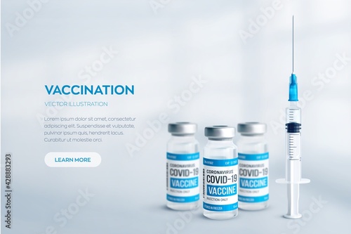 Covid-19 coronavirus vaccine concept. Realistic medical glass vials with metal caps and syringe vector background with copyspace. Vaccination against 2019-nCoV virus. Covid19 immunization treatment.