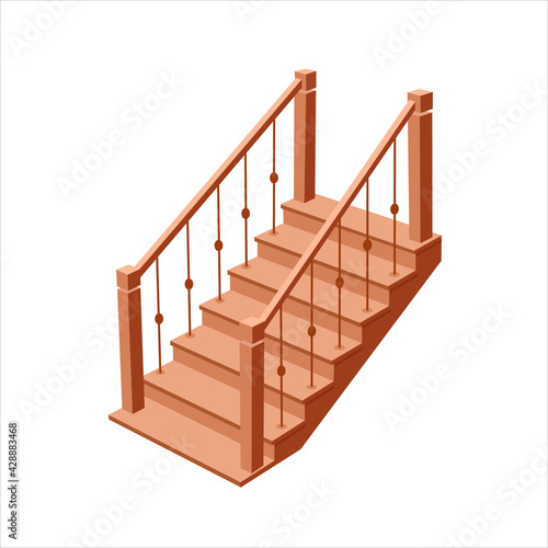 Wooden staircase. Isometric icon. Vector illustration isolated on white background.