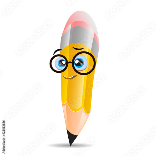 Smart Yellow cartoon pencil in glasses telling, vector illustration isolated on white background. Humanized Funny Smart Pencil Character in large Nerdy Glasses.