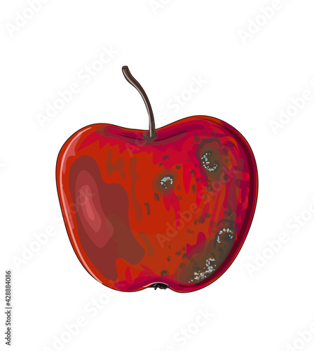 Red rotten apple in cartoon style. Stock vector illustration isolated on a white background.
