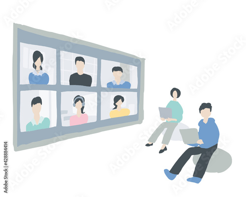 テレビ会議をしている男女　Men and women having a video conference
