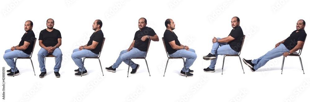 same man sitting on chair,various poses on white background