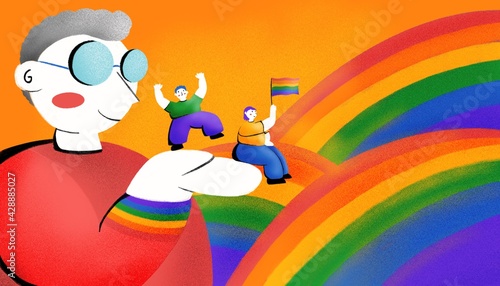 Ilustracion de Anciano gay sosteniendo en sus manos a jóvenes LGTBQ en un fondo de arcoíris