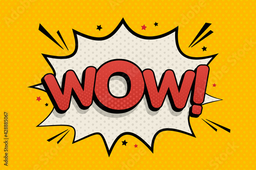 Comic speech bubble wow on bright yellow background. Vector cartoon illustration in retro pop art style.