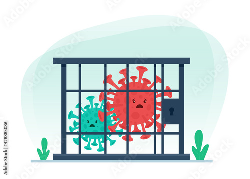 Concept of coronavirus lockdown in prison cell. Vector illustration locked virus in cage.