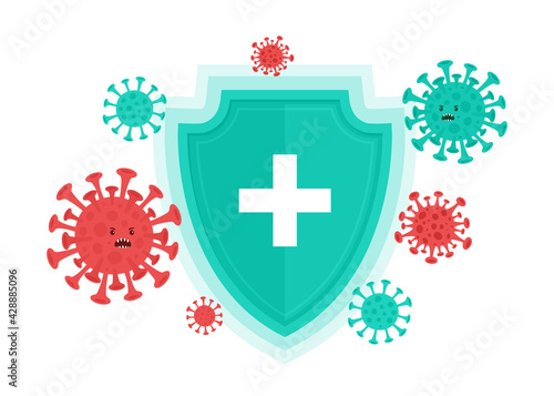 Vector illustration of immune system with medical shield protection. Bacterial and virus defense concept. Isolated on white background.
