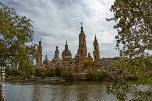 landscape Nuestra Se  ora del Pilar Cathedral Basilica view from the Ebro River in a spring day