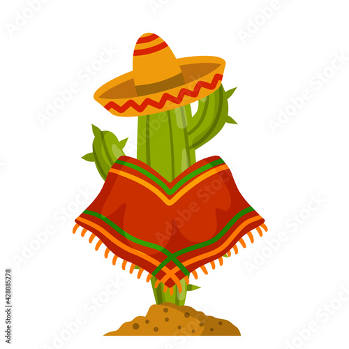 Cactus in poncho and sombrero. Mexican character.