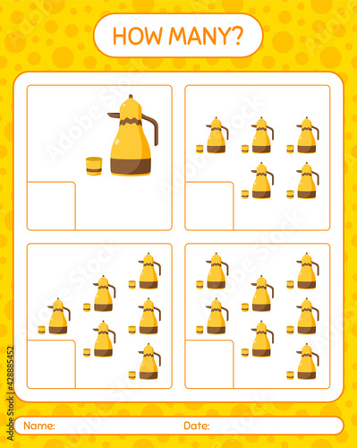 How many counting game with arabic teapot. worksheet for preschool kids, kids activity sheet, printable worksheet