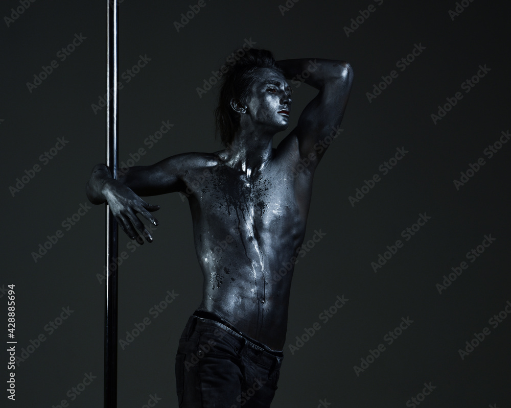 Art Sexy Man Body Attractive Sexy Man Performing Pole Dancing Moves Work Out Show Trick Guy