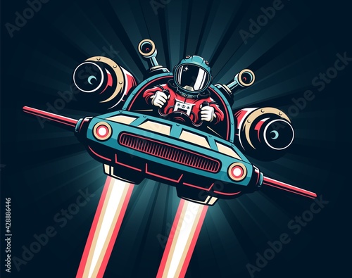 Spaceman pilot flying on spaceship on hyperspace background. Retro Space comics poster. Astronaut on battle shuttle. Vector illustration.