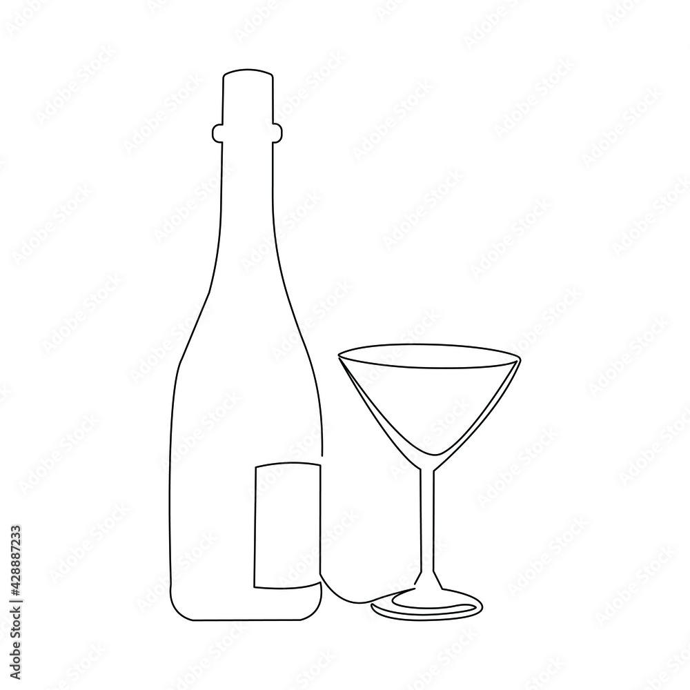 Drawing a continuous line. Whiskey bottle and glass on white isolated background. Linear style icon.illustration Drawing a continuous line. Whiskey bottle and glass on white isolated background. Linear style icon.illustration