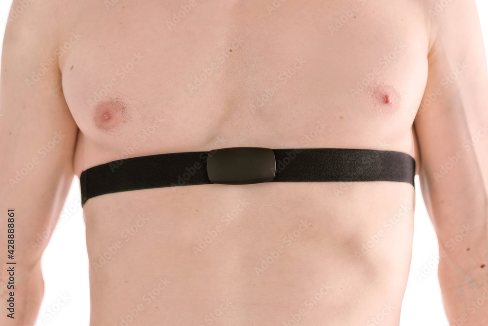 Φωτογραφία Black heart rate monitor band on male body on a white background