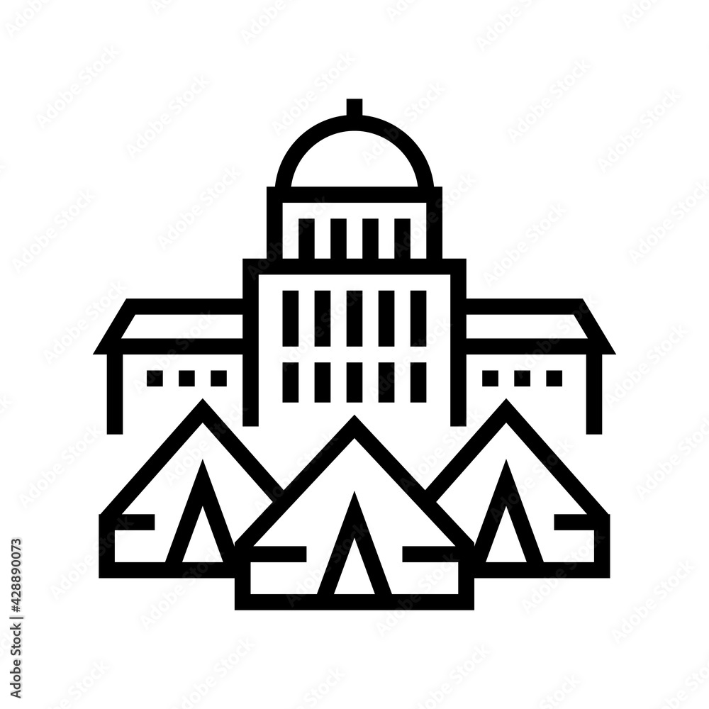 government building refugee campground line icon vector. government building refugee campground sign. isolated contour symbol black illustration