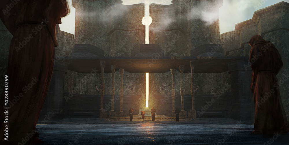 Fototapeta premium Digital fantasy painting of a group of worshipers at a sun temple conducting a ritual - 3D Illustration