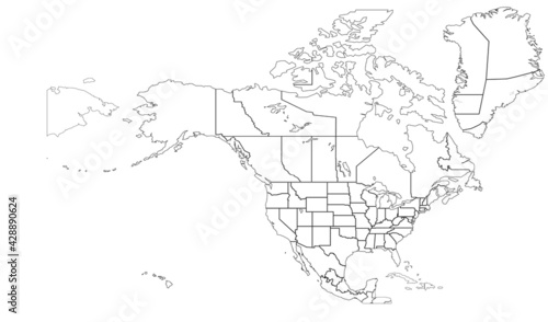 North America countries border map.
vector map of U.S. and Canada, Mexico.