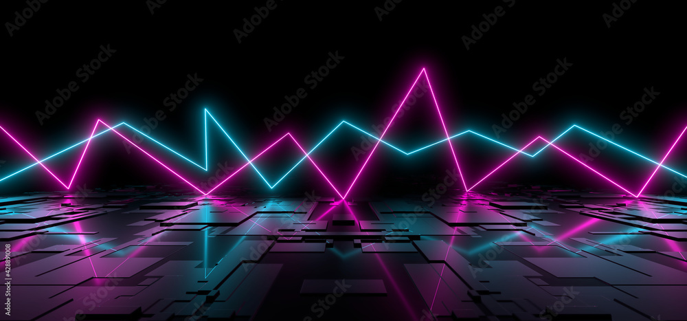 Sci Fy neon lamps in a dark hall. Reflections on the floor and walls. 3d rendering image. Sci Fy neon lamps in a dark hall. Reflections on the floor and walls. 3d rendering image.