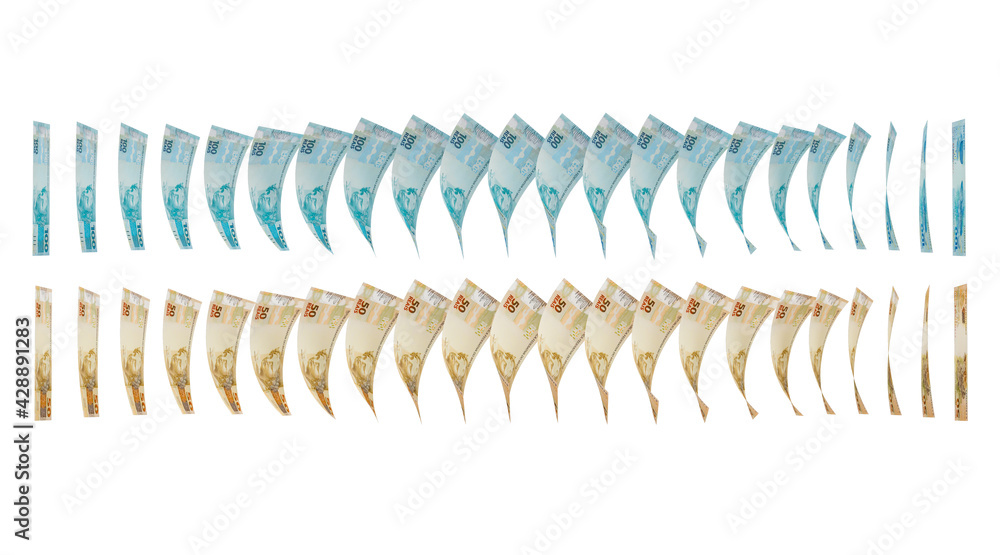 Money banknotes 50 to 100 reais brazil isolated background white. 3D illustration. 