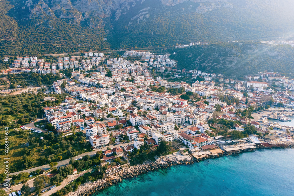 Aerial footage of Mediterranean town Kas, Turkey Antalya vacations