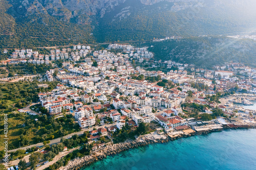 Fototapeta Naklejka Na Ścianę i Meble -  Aerial footage of Mediterranean town Kas, Turkey Antalya vacations