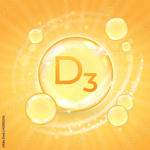 Vitamin D3 supplement, shiny golden oil substance capsule. Cholecalciferol pill droplet design template advertisement or branding. Realistic vector illustration of gold essence bubble