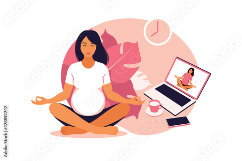 Pregnant women practicing yoga and meditation online. Wellness and healthy lifestyle in pregnancy. Vector illustration. Flat