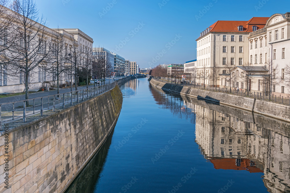 Berlin-Spandau shipping canal as seen from the Sandkrug bridge in Berlin, Germany