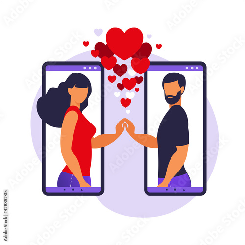 Romance app, virtual relationship , communication, social media concept. Two smartphones with dating application that help people find love. Vector illustration in flat.