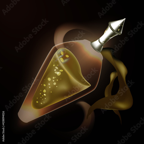 Fantastic game of activating potion, elixir or poison icon magic transparent bottle with golden liquid.