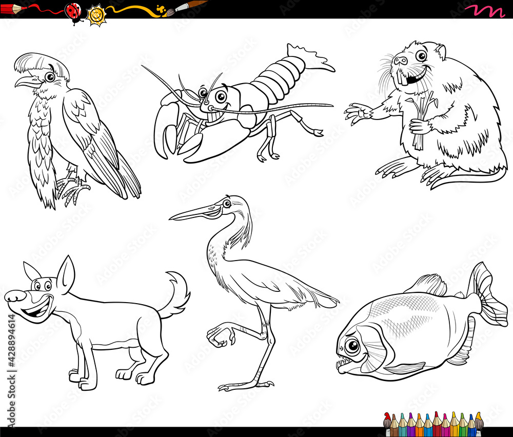cartoon wild animals characters set coloring book page