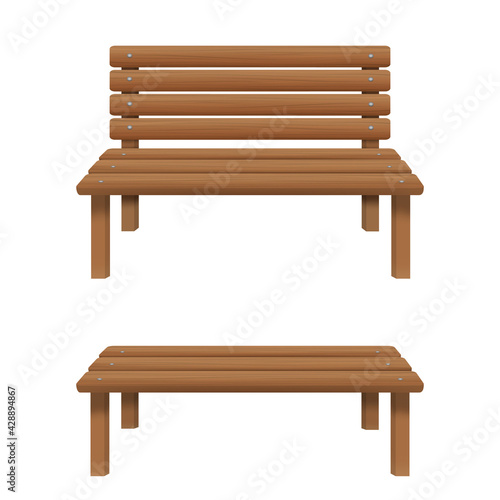 Wooden benches with and without back isolated on white background. Outdoor sitting furniture for patio, porch, garden, park. Front view. Vector cartoon illustration.