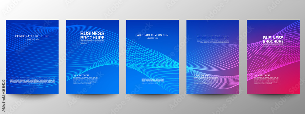 Fototapeta premium Cover geometric minimal. Set. Vector abstract line pattern for poster design. Set of templates for business brochures. Cool gradients. Graphic pattern for annual album backdrop.