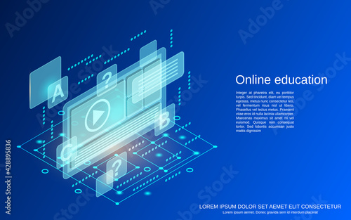 Online education, learning, teaching flat 3d isometric vector concept illustration