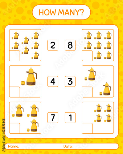 How many counting game with arabic teapot. worksheet for preschool kids, kids activity sheet, printable worksheet