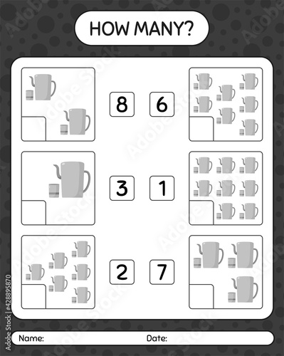 How many counting game with arabic teapot. worksheet for preschool kids, kids activity sheet, printable worksheet