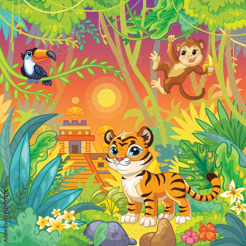 Cartoon vector wildlife animals landscape stock illustration