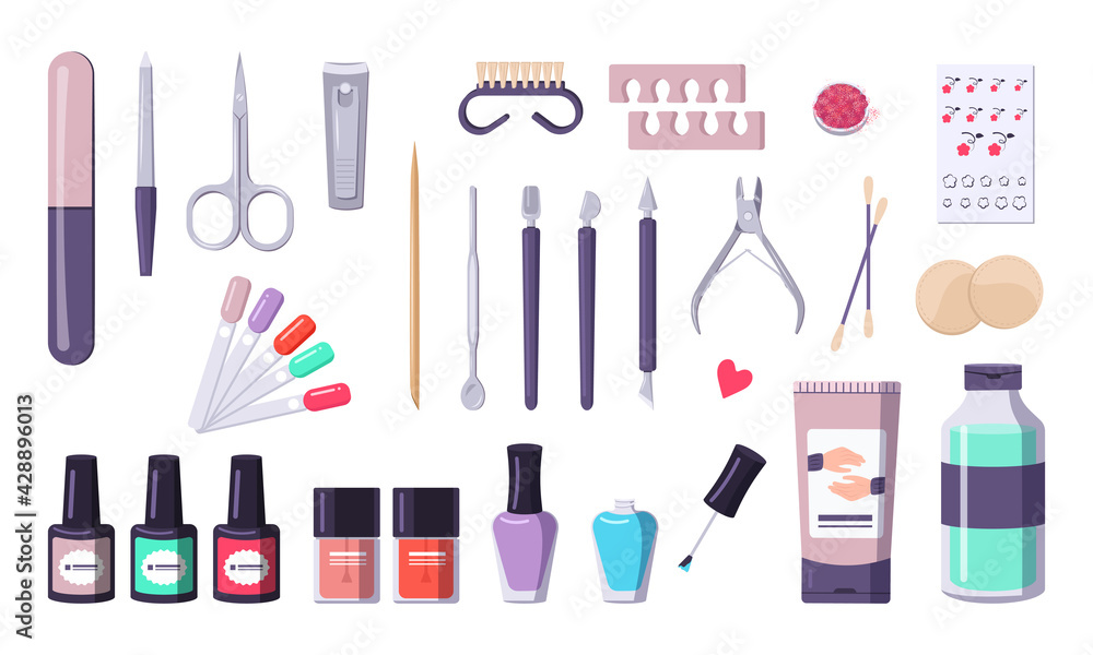 A set of tools for manicure. Equipment collection: nail files, nippers, scissors. Caring for the health of hands and nails. Beauty salon icons A set of tools for manicure. Equipment collection: nail files, nippers, scissors. Caring for the health of hands and nails. Beauty salon icons